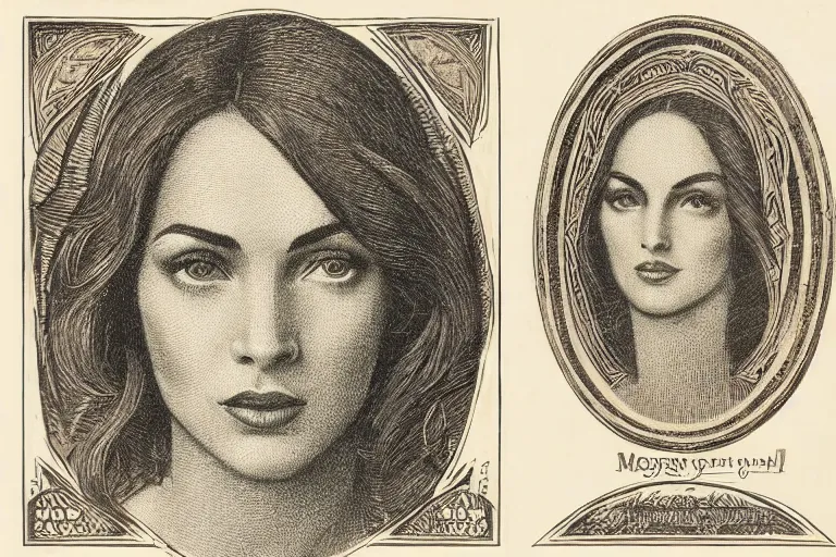 Prompt: An engraved portrait of Megan Fox , detailed!!! copper-plate engraving in the style of money bills, fine!!! lines, engraved by Alfred Sealey, Bureau of Engraving and Printing