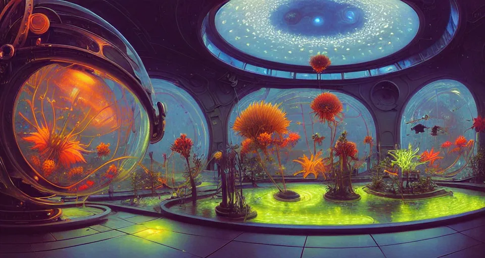 Image similar to fish eye lens a bright minimalist bioluminescent oil painting by donato giancola, warm coloured, cinematic scifi luxurious futuristic foggy steam filled victorian garden mall interior with microscopy radial windows flowers growing out of pretty bulbous ceramic fountains, gigantic pillars and flowers, maschinen krieger, beeple, star trek, star wars, ilm, atmospheric perspective