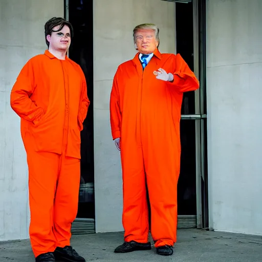 Prompt: “Matte Gaetz and Donald Trump in orange jump suits standing in line for prison food”