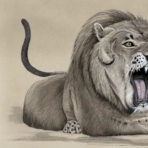 Prompt: a sabertooth cat, lion with huge walrus fangs, naturalist illustration