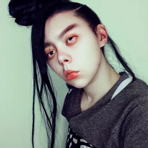 Image similar to a masterpiece portrait photo of a beautiful young woman who looks like a korean billie eilish, symmetrical face