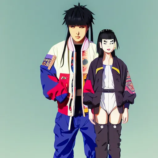 Image similar to a beautiful japanese male! gravure model, wearing oversized native designer bomber jacket and leotard with overalls, bulky poofy bomber jacket with mesoamerican patterns, mesoamerican native street fashion, gapmoe yandere grimdark, trending on pixiv fanbox, painted by greg rutkowski makoto shinkai takashi takeuchi studio ghibli, akihiko yoshida