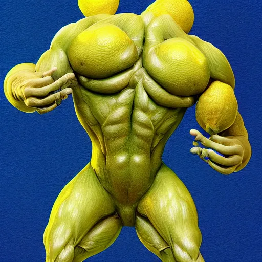 Image similar to a lemon with arms and legs with muscles, photorealistic, digital art,