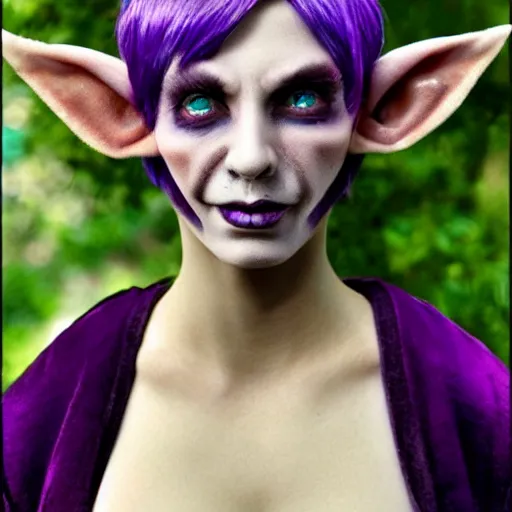 Image similar to a frightening, beautiful elf with violet skin, a scarred face, a bob haircut, and bushy eyebrows, smirking, in the style of gary frank