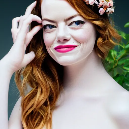 Image similar to emma stone with jewellary and flower crown, sensual, beautiful soft light failling on her face, studio photography, nikon 3 5 mm portrait photography, ultra realistic