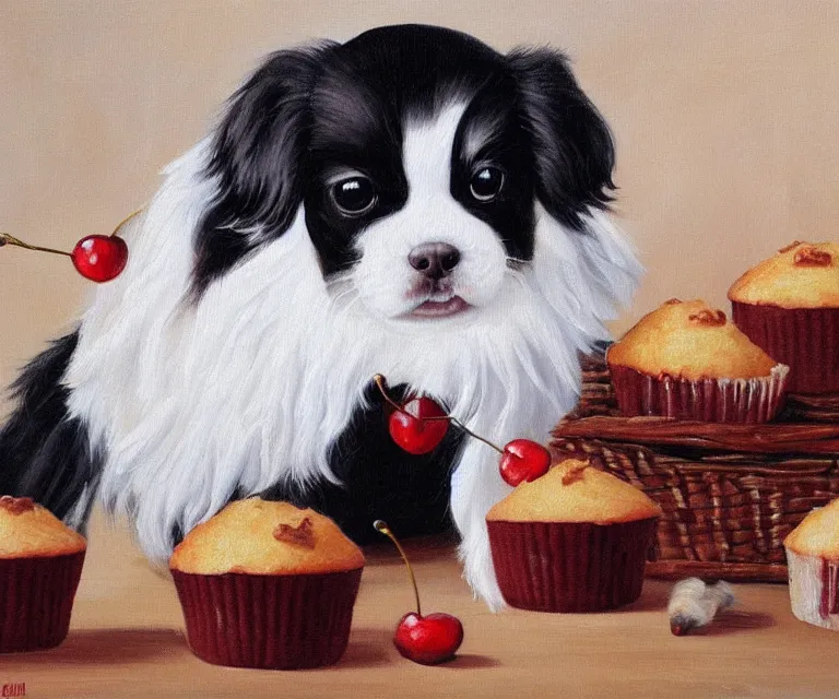 Image similar to white and black japanese chin dog eating cherry muffins, oil painting