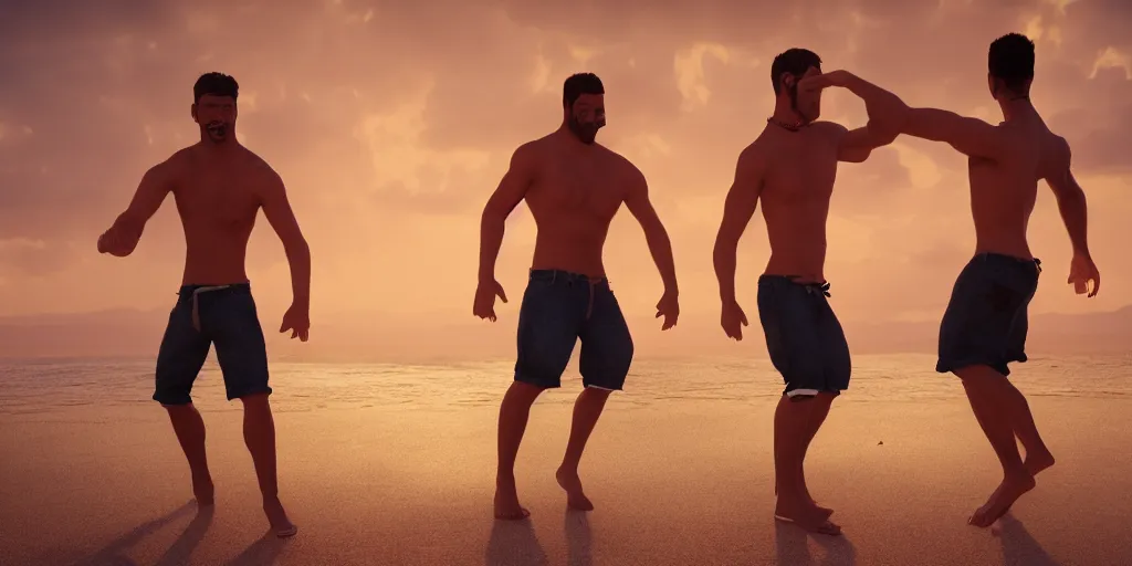 Image similar to 'dos hombres sin camisa llevando shortes bailando en la playa de San Juan, golden hour, photorealistic, extreme detail, octane render, artstation, unreal engine'