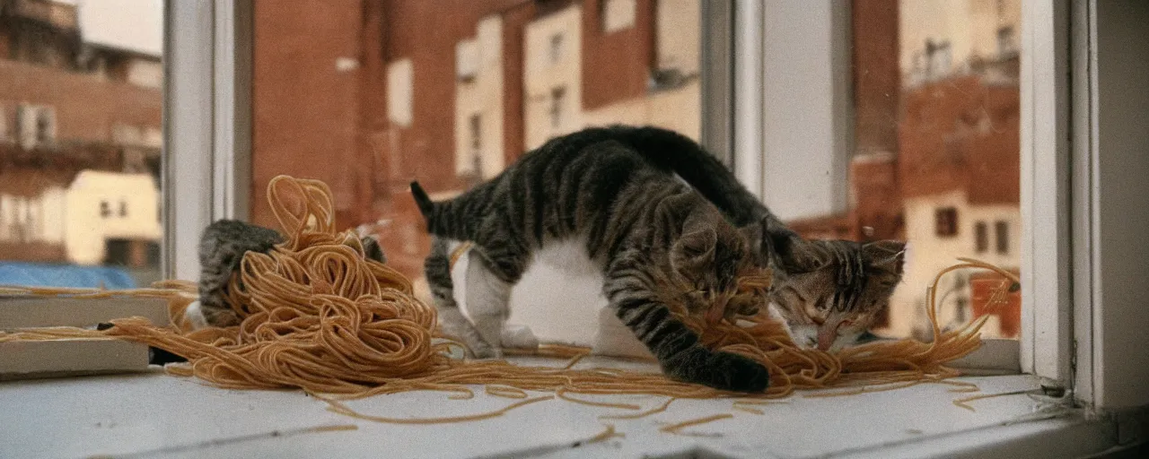 Image similar to only 1 cat playing with spaghetti on a windowsill, city apartment, small details, intricate, sharply focused, canon 5 0 mm, wes anderson film, kodachrome