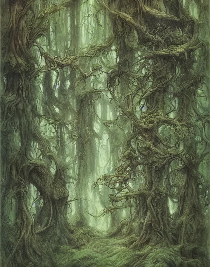 Prompt: painting of a forest by Tony Diterlizzi and Brian Froud, cinematic, breathtaking, beautiful composition, painterly