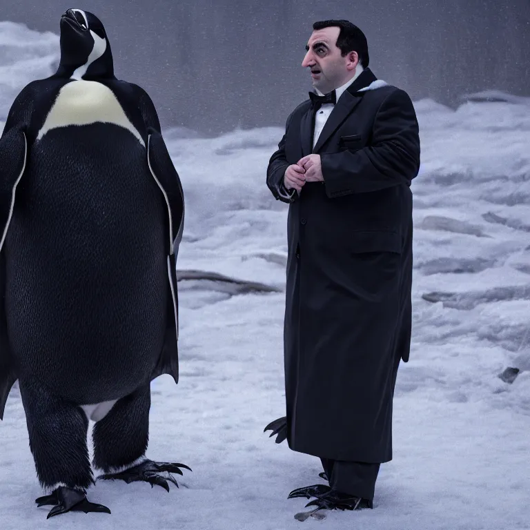 Image similar to mike stoklasa as the penguin, movie still, 8 k, hdr, atmospheric lighting