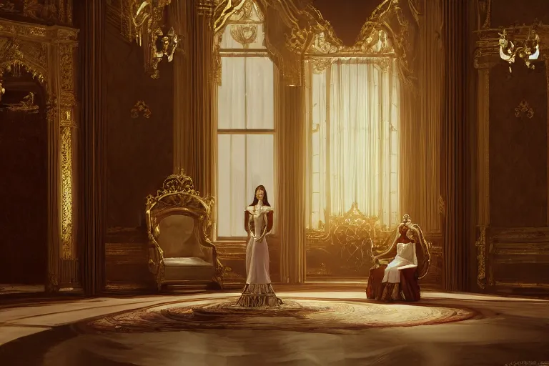 Image similar to a victorian age throne room with emily blunt on the throne, key visual, conceptart, ambient lighting, highly detailed, digital painting, artstation, concept art, sharp focus, by makoto shinkai and akihiko yoshida and greg manchess