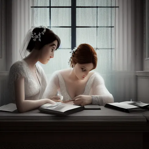 Image similar to Two beautiful brides studying mathematics together, hyperrealistic, highly detailed, depth of field, High definition, 8k, octane render, artstation