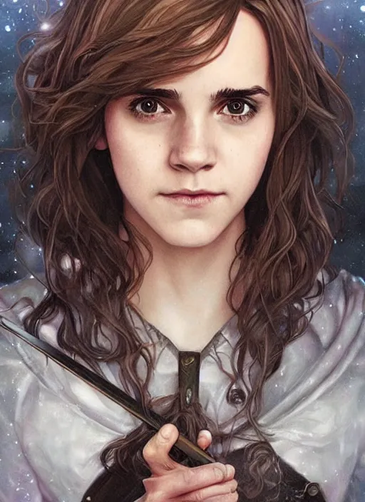 Image similar to hermione! granger! at hogwarts!!!!! by emma watson. beautiful! detailed! face!. by artgerm and greg rutkowski and alphonse mucha