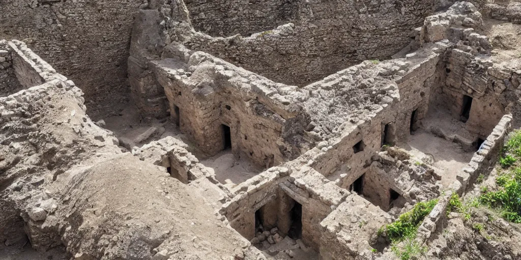 Prompt: archeological discovery of a perfectly well preserved castle underground that is still painted and structurally intact