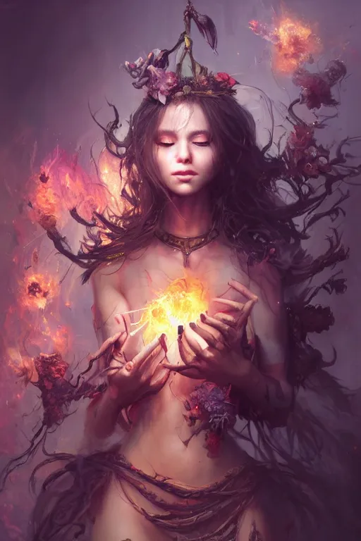 Image similar to extremely beautiful girl necromancer, witch - doctor exploding into flowers, demons, 3 d render, hyper - realistic detailed portrait, holding fire and electricity, ruan jia, wlop. scifi, fantasy, magic the gathering, hyper detailed, octane render, concept art, peter mohrbacher