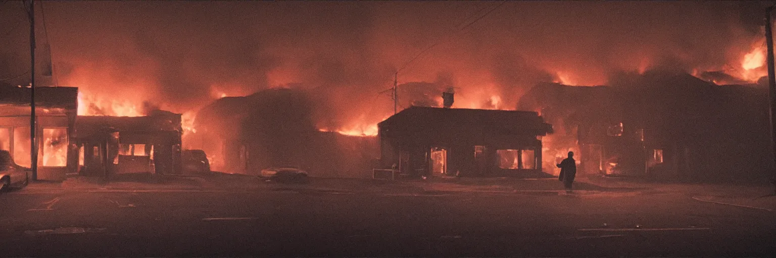 Image similar to medium format photo, cinema still from david lynch movie, sleazy man watching night streets while a single house burns in the background of suburbia, haze, americana, high production value, intricate details, 8 k resolution, hyperrealistic, hdr, photorealistic, high definition, high details, tehnicolor, award - winning photography, masterpiece, amazing colors