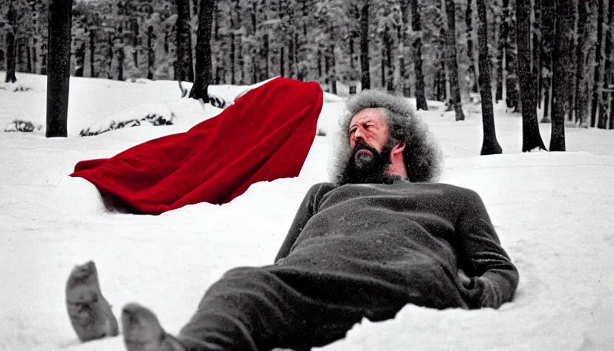 Image similar to 1 9 6 0 s movie still close up of marcus aurelius tired in a royal amor with red cape frozen to death under the snow by the side of a river with gravel, pine forests, cinestill 8 0 0 t 3 5 mm, high quality, heavy grain, high detail, texture, dramatic light, anamorphic, hyperrealistic, detailed hair, foggy