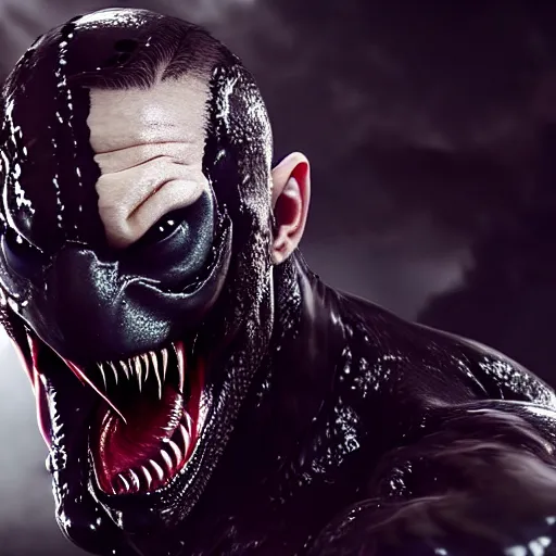 Prompt: Film still from Venom of Tom Hardy wearing black, intricate detail, 3d render, octane render, god rays, depth of field, trending on artstation, 4k, hd