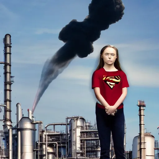 Image similar to epic photo of greta thunberg flying as superman realistic backlit background oil refinery explosions and black smoke