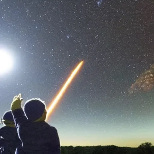 Image similar to a boy look to sky saw a huge meteor approach to earth