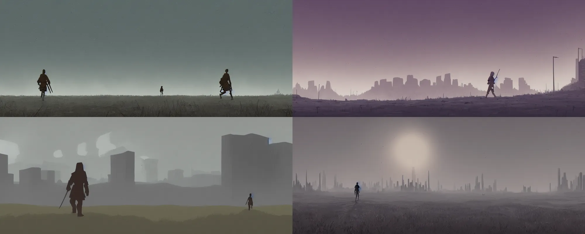 Prompt: a lonely warrior walks across a landscape towards a massive brutalist building in the distance, concept art in the style of simon stalenhag