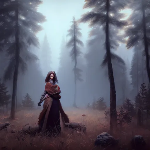Prompt: a pretty girl surrounded by wolves, in the woods, digital painting, photorealistic, in the style of greg rutkowski, full body, detailed face, sharp, unreal engine 5