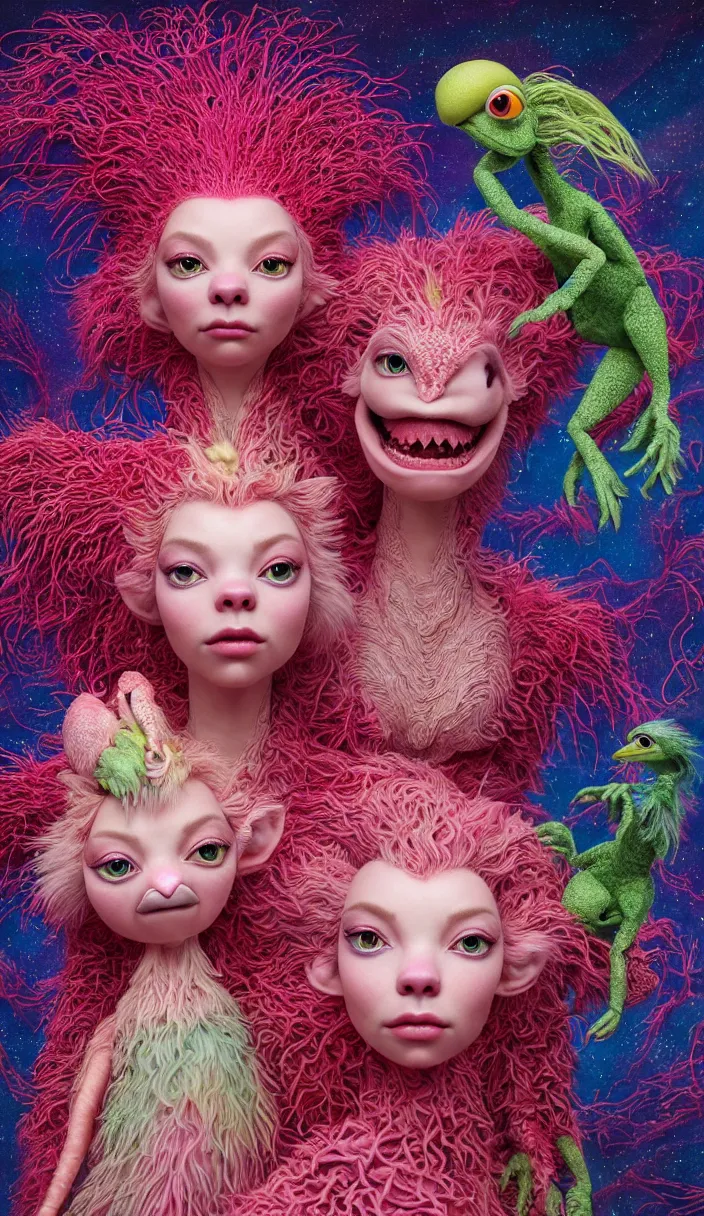 Image similar to hyper detailed 3d render like a Oil painting - kawaii portrait of two Aurora (a beautiful skeksis muppet fae princess protective playful from dark crystal that looks like Anya Taylor-Joy) seen red carpet photoshoot in UVIVF posing in scaly dress to Eat of the Strangling network of yellowcake aerochrome and milky Fruit and His delicate Hands hold of gossamer polyp blossoms bring iridescent fungal flowers whose spores black the foolish stars by Jacek Yerka, Ilya Kuvshinov, Mariusz Lewandowski, Houdini algorithmic generative render, Abstract brush strokes, Masterpiece, Edward Hopper and James Gilleard, Zdzislaw Beksinski, Mark Ryden, Wolfgang Lettl, hints of Yayoi Kasuma and Dr. Seuss, octane render, 8k