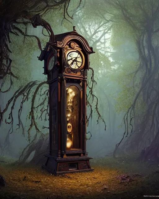 Prompt: highly detailed surreal vfx portrait of a cursed grandfather clock in a shadowy forest by a willow tree, stephen bliss, unreal engine, greg rutkowski, loish, rhads, beeple, makoto shinkai and lois van baarle, ilya kuvshinov, rossdraws, tom bagshaw, alphonse mucha, global illumination, detailed and intricate environment