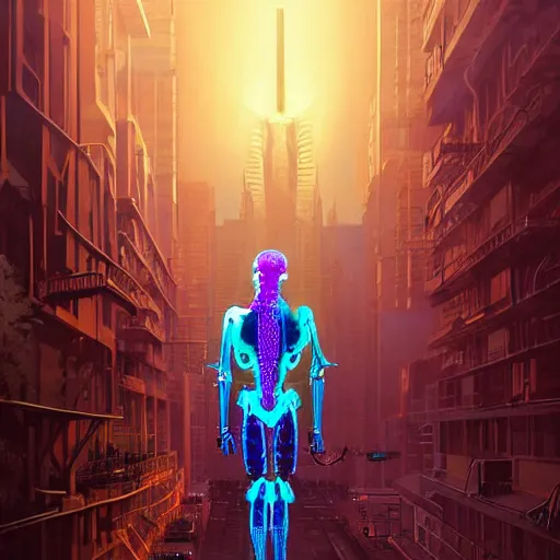 Prompt: exoskeletal robotic demonic creature, glowing, reptilian designed by jony ive in cybercity, golden hour, poster by michael whelan and gilbert williams and evgeny lushpin and artgerm and alena aenami, 3 0 mm, well proportioned, highly detailed, rule of thirds, long exposure