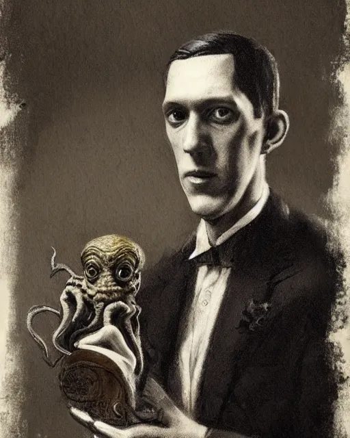 Image similar to portrait of a 1 9 2 0 s h p lovecraft with a miniature cthulhu perched on his shoulder, scholarly appearance, detailed face, 2 0 th century, highly detailed, cinematic lighting, digital art painting by greg rutkowski