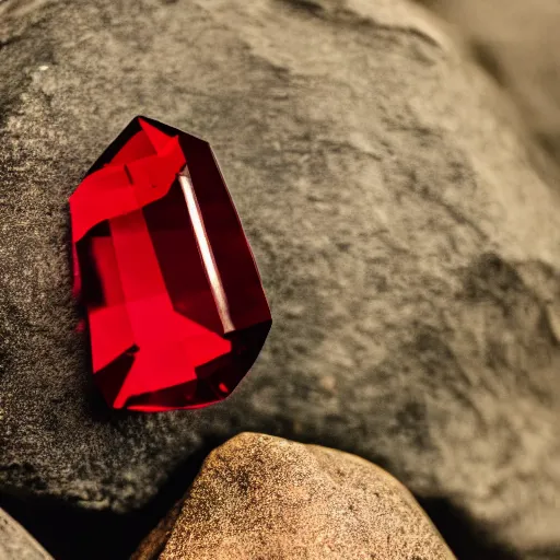 Prompt: a deep red, glowing crystal on a rock, film grain