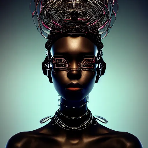 Image similar to portrait of an absurdly beautiful, graceful, sophisticated, fashionable black cyberpunk mechanoid gravure idol, hyperdetailed illustration by irakli nadar, maria borges, matt wisniewski style, intricate linework, dark skin, neon jellyfish headdress, intricate ivory carved ruff, unreal engine 5 highly rendered, global illumination, radiant light, detailed and intricate environment