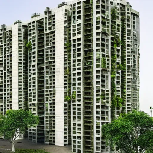 Image similar to “Eco-brutalist (Brutalism with lots of plants, vines and planters) public housing in New Delhi, photorealistic, hyper realistic, cinematic lighting, 8K resolution”