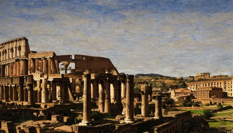 Image similar to ancient rome, aqueduct and roman baths in the background, clearly separated foreground middleground background, foggy, cupresses, intricate, paint texture, old masters, caravaggio, repin, solid anatomy, elegant, volumetric lighting, digital painting, highly detailed, artstation, sharp focus, illustration, concept art, steve mccurry, norman rockwell, masterpiece, 8 k