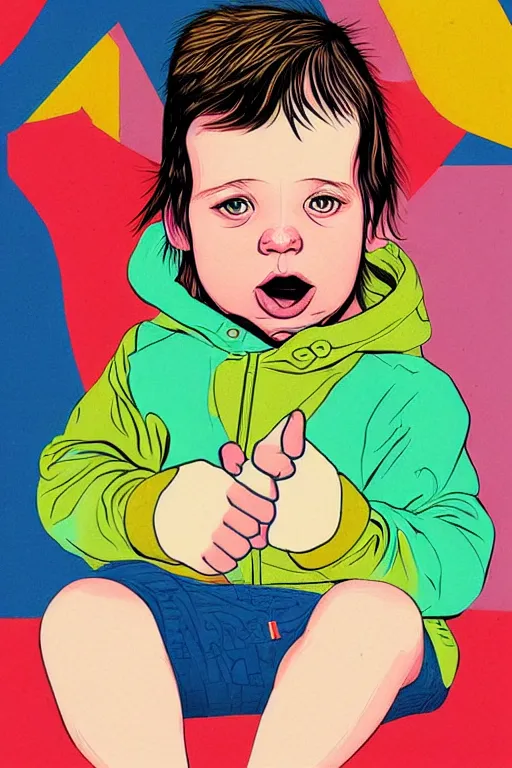 Image similar to a beautifully detailed coloured illustration of the baby boy swearing by sticking two fingers up by andrew salgado and rogier willems