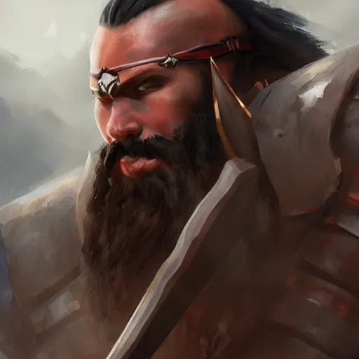 Prompt: portray of fantasy barbarian with horseshoe mustache and shaved head. sad and remorseful. trending on artstation rutkowski