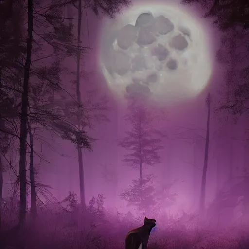 Image similar to a purple panther roaring at the moon in a forest during the night, large moon in the center. trending on artstation. cinematic. photoreal. dark colors. night.