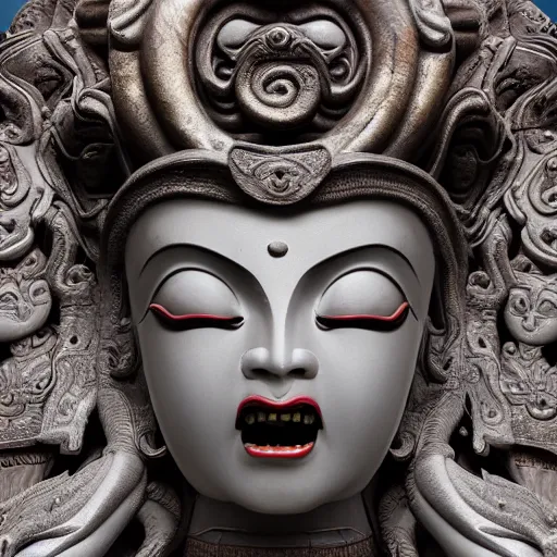 Image similar to naraka buddhist demon korean female, highly detailed, symmetrical long head, smooth marble surfaces, detailed ink illustration, raiden metal gear, cinematic smooth stone, deep aesthetic, concept art, post process, 4 k, carved marble texture and silk cloth, latex skin, highly ornate intricate details, in the style of 8 8 grzes