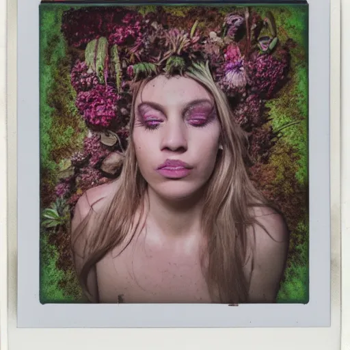 Image similar to a beautiful detailed front view portrait of a rotten woman corpse with plants and fractal flowers growing around, volumetric light, beautiful lit, polaroid photography