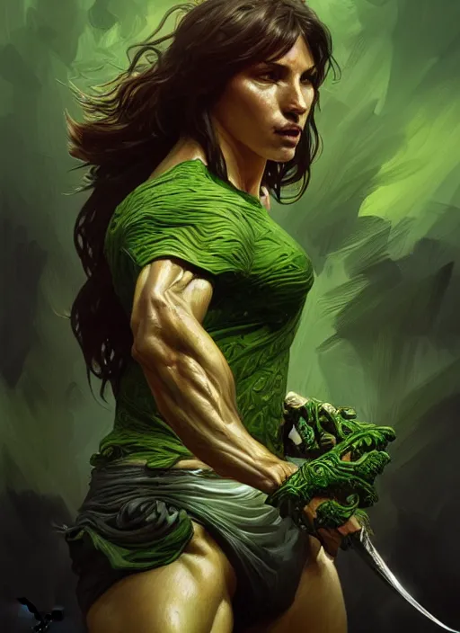 Image similar to portrait of aggressive messi, d & d, muscular! green, fantasy, intricate, elegant, highly detailed, digital painting, artstation, concept art, smooth, sharp focus, illustration, art by artgerm and greg rutkowski and alphonse mucha