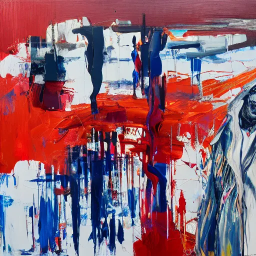 Image similar to _ in _ these _ paintings _ we _ see _ a _ big _ man _ who _ seem _ to _ be _ walking _ in _ circles in an empty void space, 4 k, in the style of ben quilty, minimal red and blue palette, medium shot, oil paint with thick brushstrokes of paint, impasto, detailed,