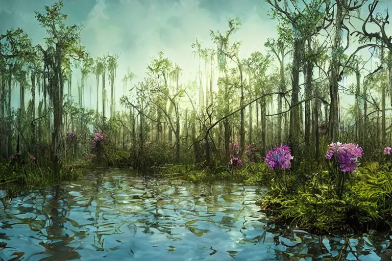 Image similar to hyperrealism, scene from louisiana swamps, starship, spring blooming flowers garden, true detective, 8 0 s japanese sci - fi books art