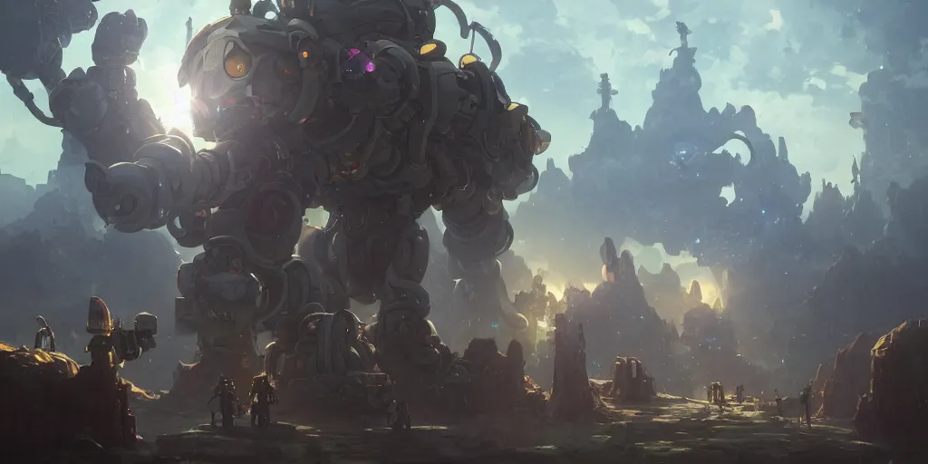 Image similar to robot mech from made in abyss by akihito tsukushi, backlight, centered, rim lighting, deep focus, d & d, fantasy, intricate, elegant, highly detailed, digital painting, artstation, concept art, matte, sharp focus, illustration, hearthstone, art by artgerm and greg rutkowski and alphonse mucha