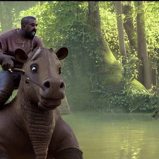 Image similar to Movie still of Kanye West riding an ((aligator)) in the movie Shrek, splash art, movie still, cinematic lighting, dramatic, octane render, long lens, shallow depth of field, bokeh, anamorphic lens flare, 8k, hyper detailed, 35mm film grain