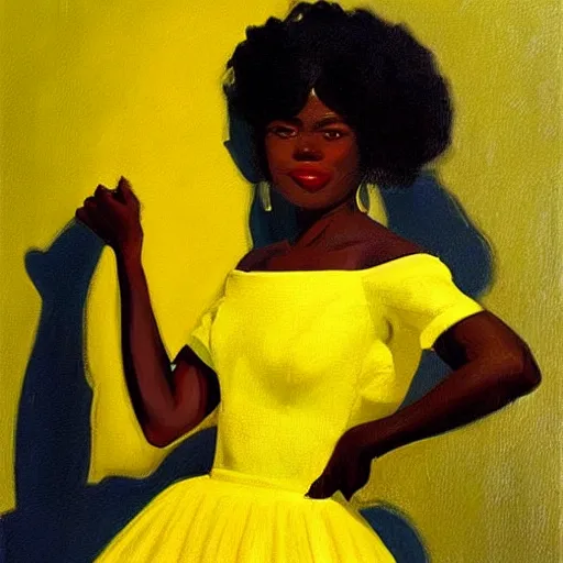 Image similar to african american woman wearing a yellow tutu, portrait artwork by jack vettriano h 6 4 0