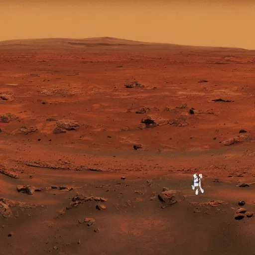 Prompt: mars landscape, surreal, in the form of a triptych, astronaut standing in the middle waving the samoa flag