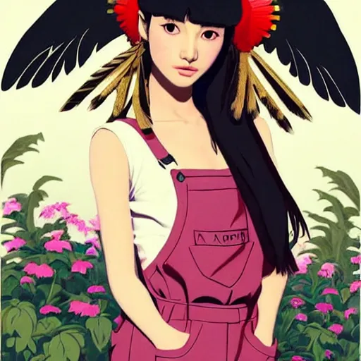 Image similar to a beautiful young japanese natalie portman alluring gravure model, stylized concept art, wearing elegant designer overalls, elegant overalls with mesoamerican patterns, mesoamerican native street fashion, princess mononoke, painted by jamie hewlett and ashley wood and mike mignola, aesthetic, gorgeous, stunning, alluring, attractive, artstation, pinterest, digital art