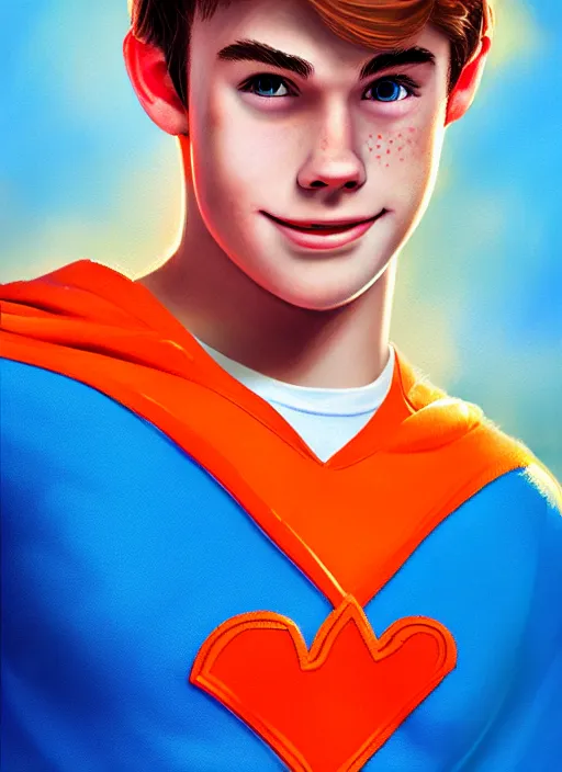 Image similar to friendly teenage archie andrews wearing an orange superhero costume with heart logo, heart, orange costume, blue cape, freckles, cape, heart emblem on chest, heart, blue cape, intricate, elegant, glowing lights, highly detailed, digital painting, artstation, sharp focus, illustration, art by wlop, mars ravelo and greg rutkowski