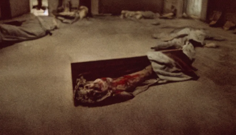 Image similar to a 7 0 s film still from a horror movie of a dead body in an old church, kodachrome, cinecolor, cinestill, film grain, film texture, retro, cinematic, high resolution, photorealism,