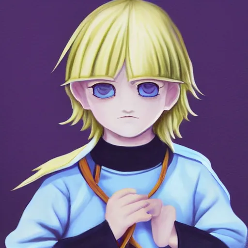 Prompt: little boy wearing nun outfit, blonde hair, light blue eyes. purple and black color palate, detailed soft painting, made in abyss art style, anatomically correct